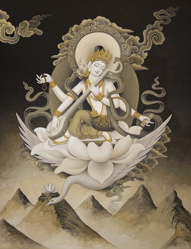 A white and gold painting of Saraswati with a veena and swan